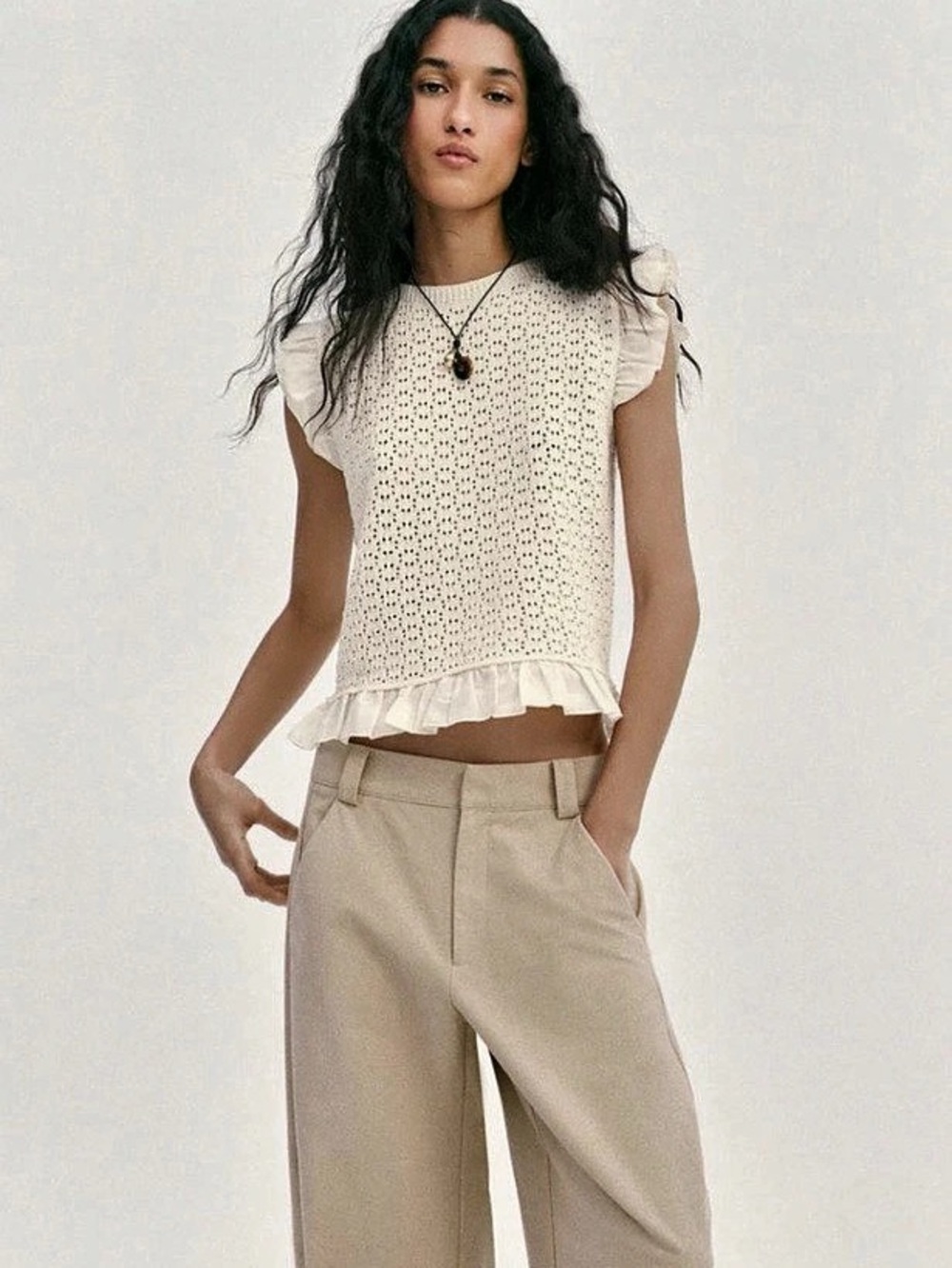 Zara Pointelle Knit Top Crochet Ruffle Tank in White